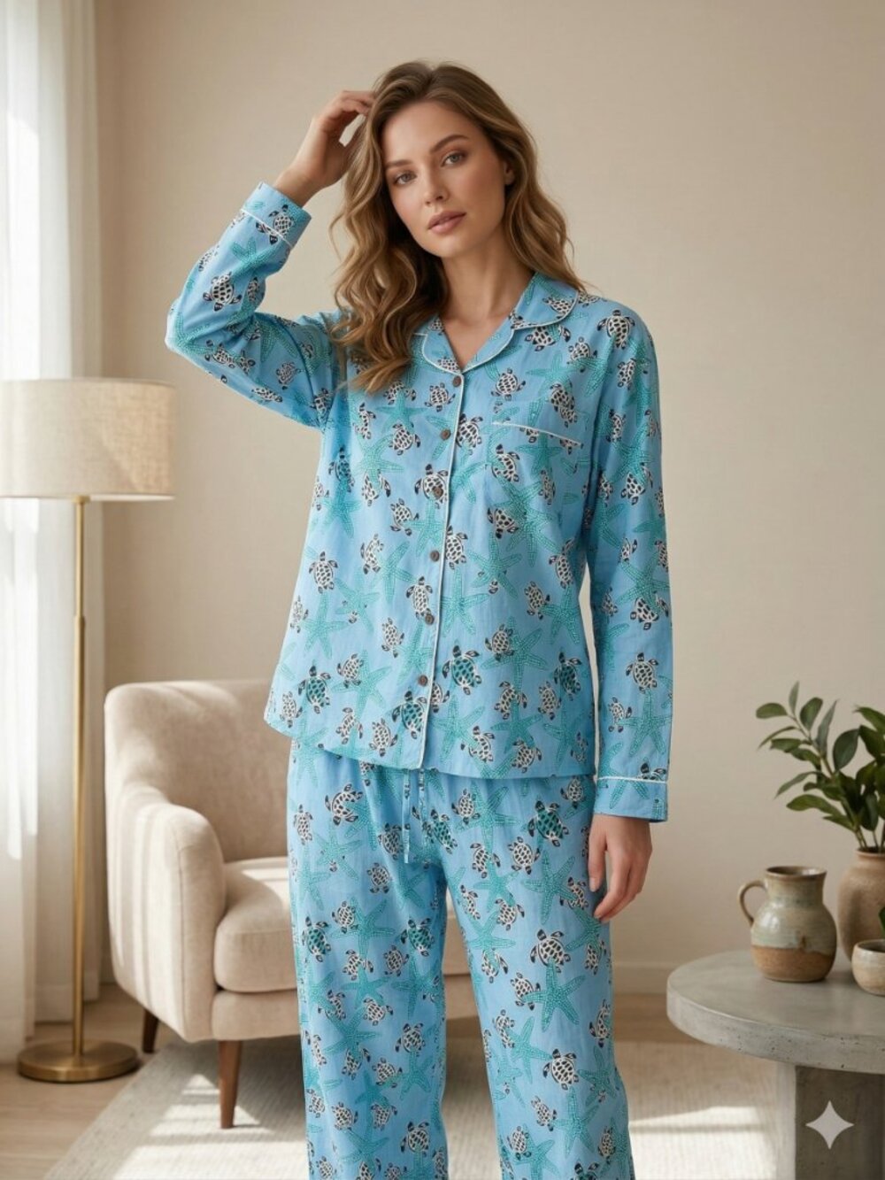 Ocean Block Print Cotton Pajama Set, Indian Lounge And Sleepwear, Gift For Her